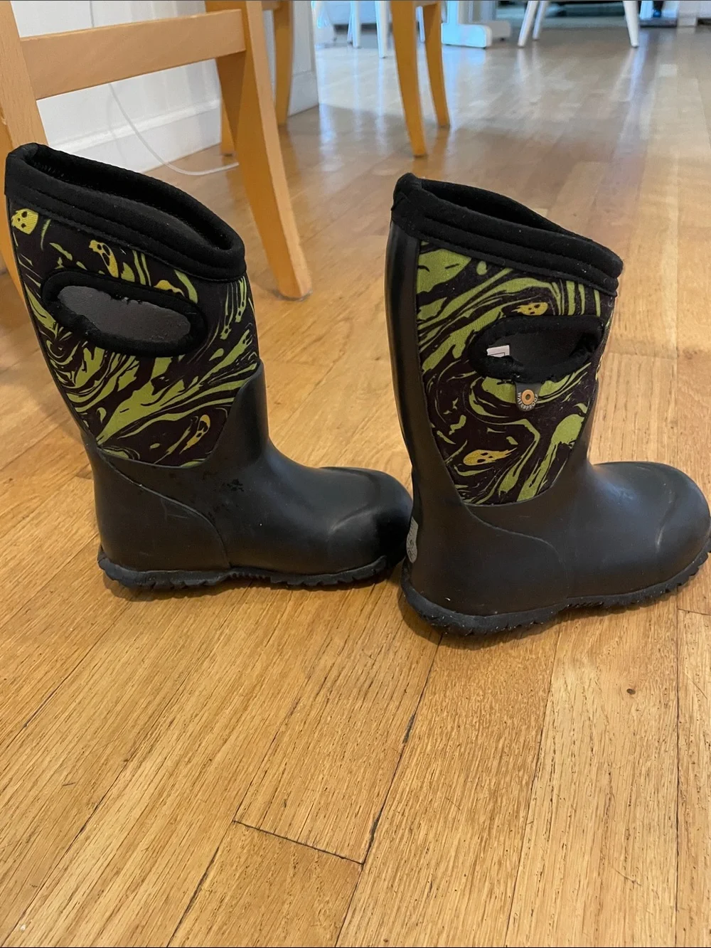 Bogs Black and Green Kids Waterproof Rain Boots